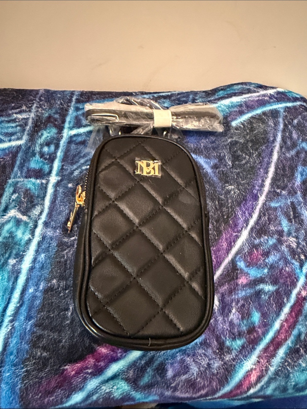 Badgley Mischka Black Quilted Crossbody Phone Bag with Gold Hardware